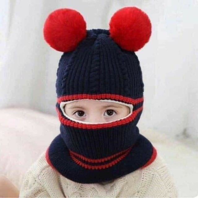 Mũ len trùm mặt có lót nỉ cho bé siêu ấm