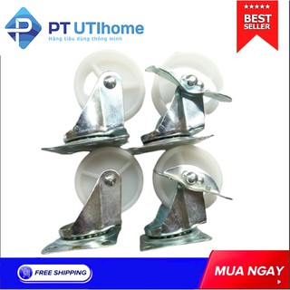 Bộ 4 bánh xe đẩy 4 cm nhựa trắng, xoay 360 độ có khóa chống trượt PT UTIHOME