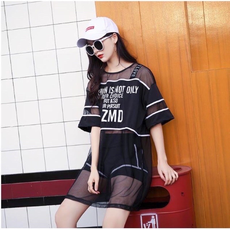 Áo lưới xuyên thấu tay ngắn in chữ, thích hợp cho mùa hè, đi biển, chơi thể thao