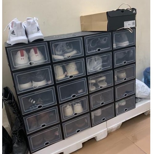 Hộp đựng giày nắp nhựa cứng trong suốt full đen cá tính - Box Sneaker Tặng kèm hút ẩm