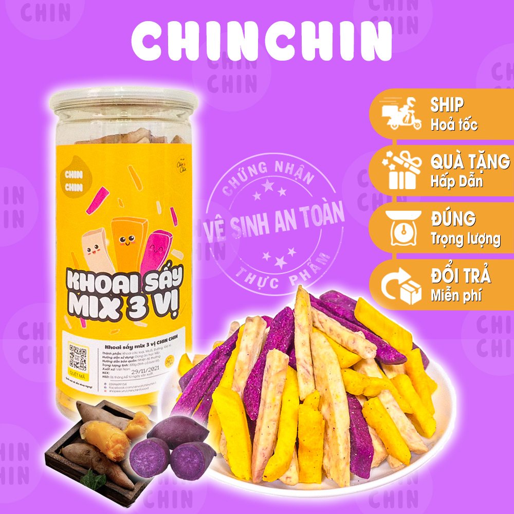 Khoai lang tím sấy dẻo đà lạt mix 3 vị ChinChin 300g ,đồ ăn vặt Hà Nội vừa ngon vừa rẻ