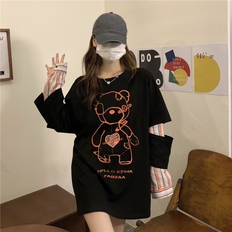 Áo sweatshirt ZHELIHANGFEI cổ tròn tay dài giả hai lớp in họa tiết gấu hoạt hình thời trang cao cấp