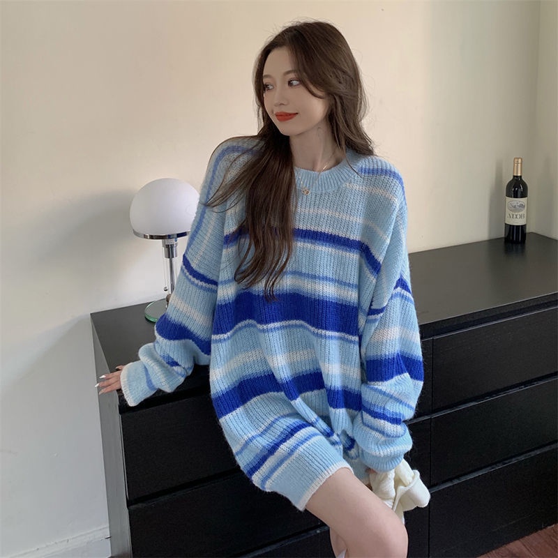 Áo sweater Dáng Rộng Họa Tiết Kẻ Sọc Phong Cách Hàn Quốc Thời Trang Cho Nữ