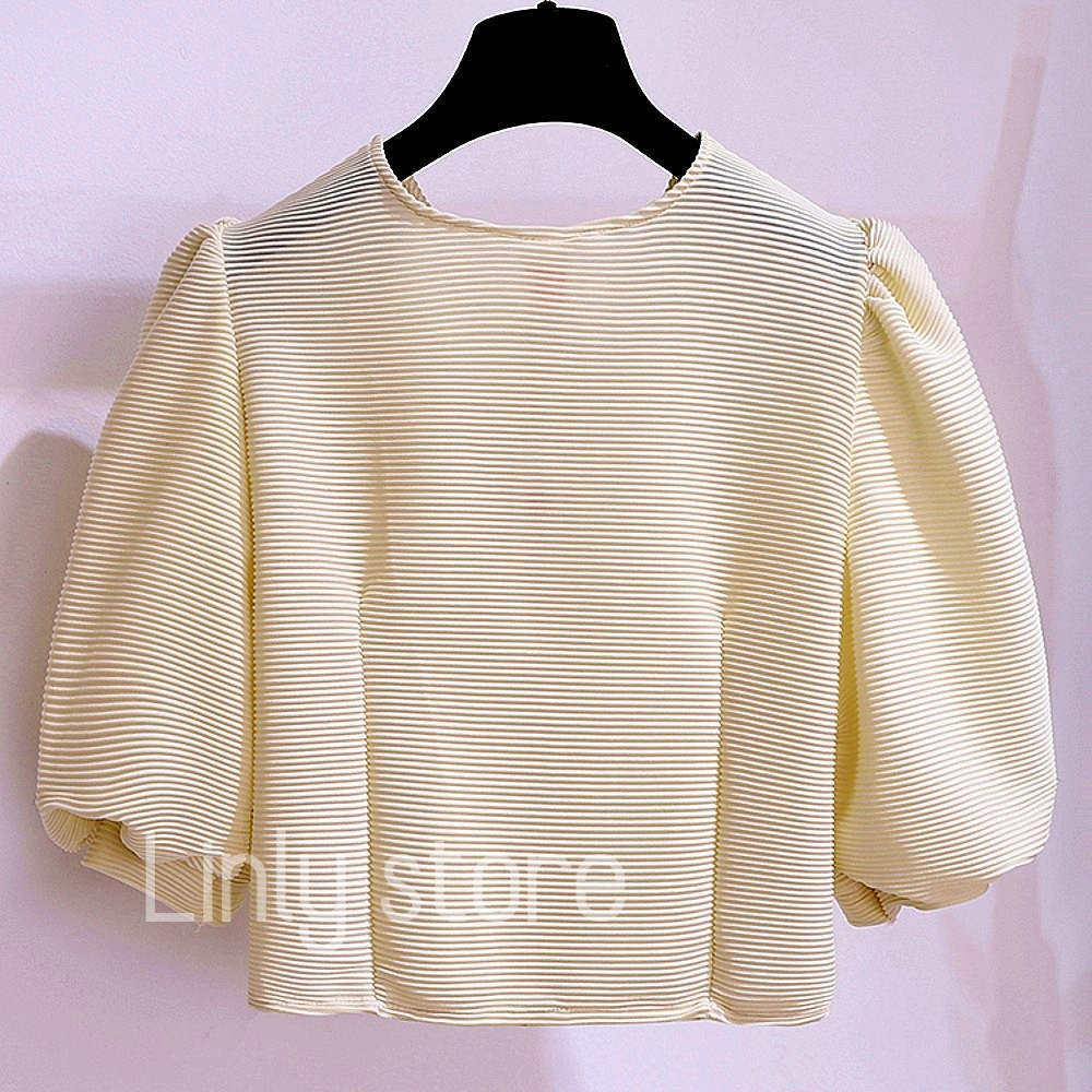 ÁO KIỂU CROPTOP PHỐI CÚC NGỌC - ÁO SƠ MI TAY PHỒNG 2 LỚP - CHẤT THUN DẬP LY A-CN | BigBuy360 - bigbuy360.vn