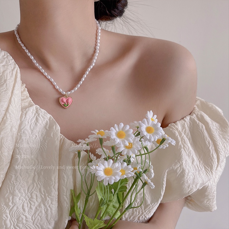Vòng cổ/ Đôi bông tai 17KM mạ vàng hình hoa tulip đính ngọc trai giả xinh xắn