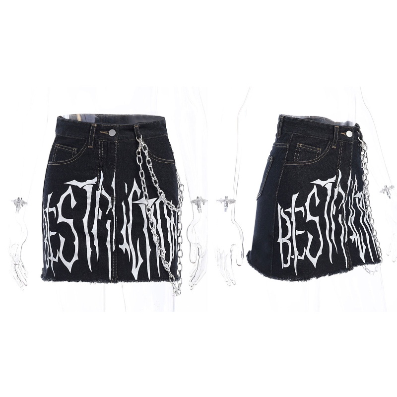 Chân váy jean Bút Chì Màu Đen Lưng Cao In Chữ Phong Cách Gothic Harajuku Cho Nữ