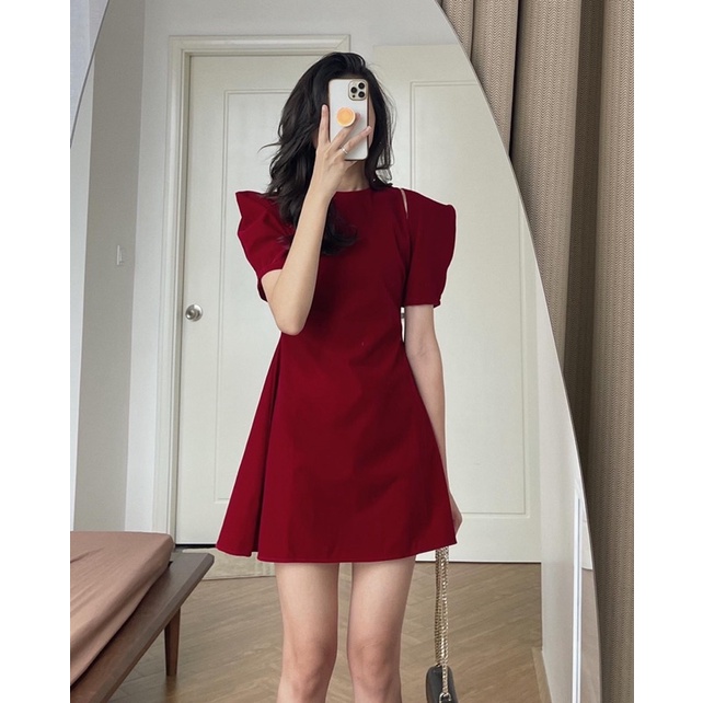 Đầm Váy Nhung Khoét Vai Dáng Chữ A 2 Màu Đen Đỏ Mặc Đi Chơi Noel Tết MD065