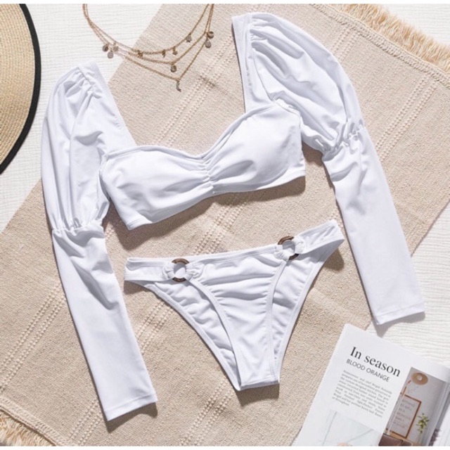 [BKN654] &lt;ÂU&gt; SET BIKINI TRẮNG DÀI TAY VAI BỒNG