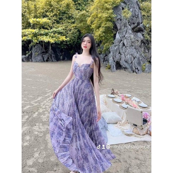 Đầm váy nữ dập ly hoa tím