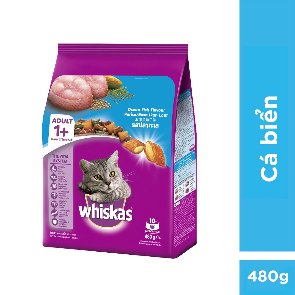 [Quà tặng không bán] Thức ăn mèo Whiskas vị cá biển túi 480g