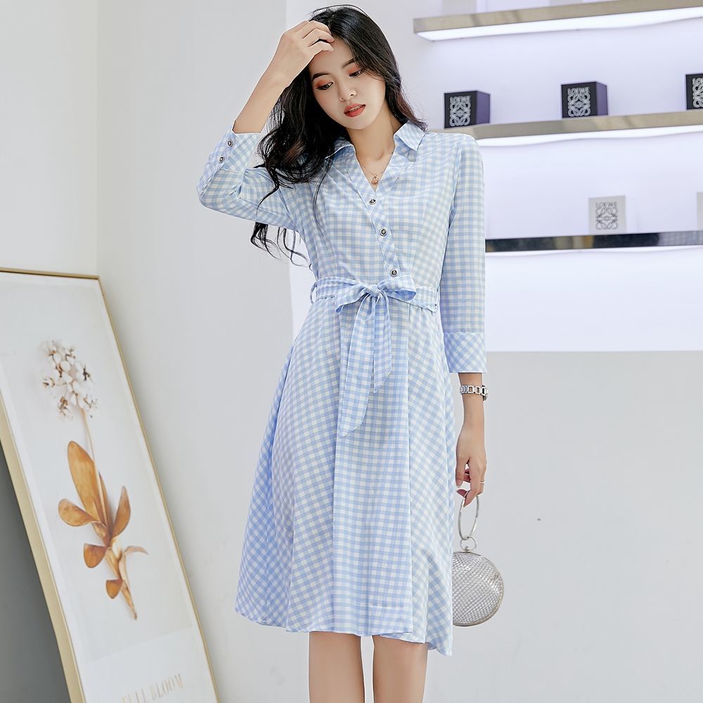 2020 new autumn dress long sleeve Korean version simple slim fit mid long fashion Plaid Dress | BigBuy360 - bigbuy360.vn