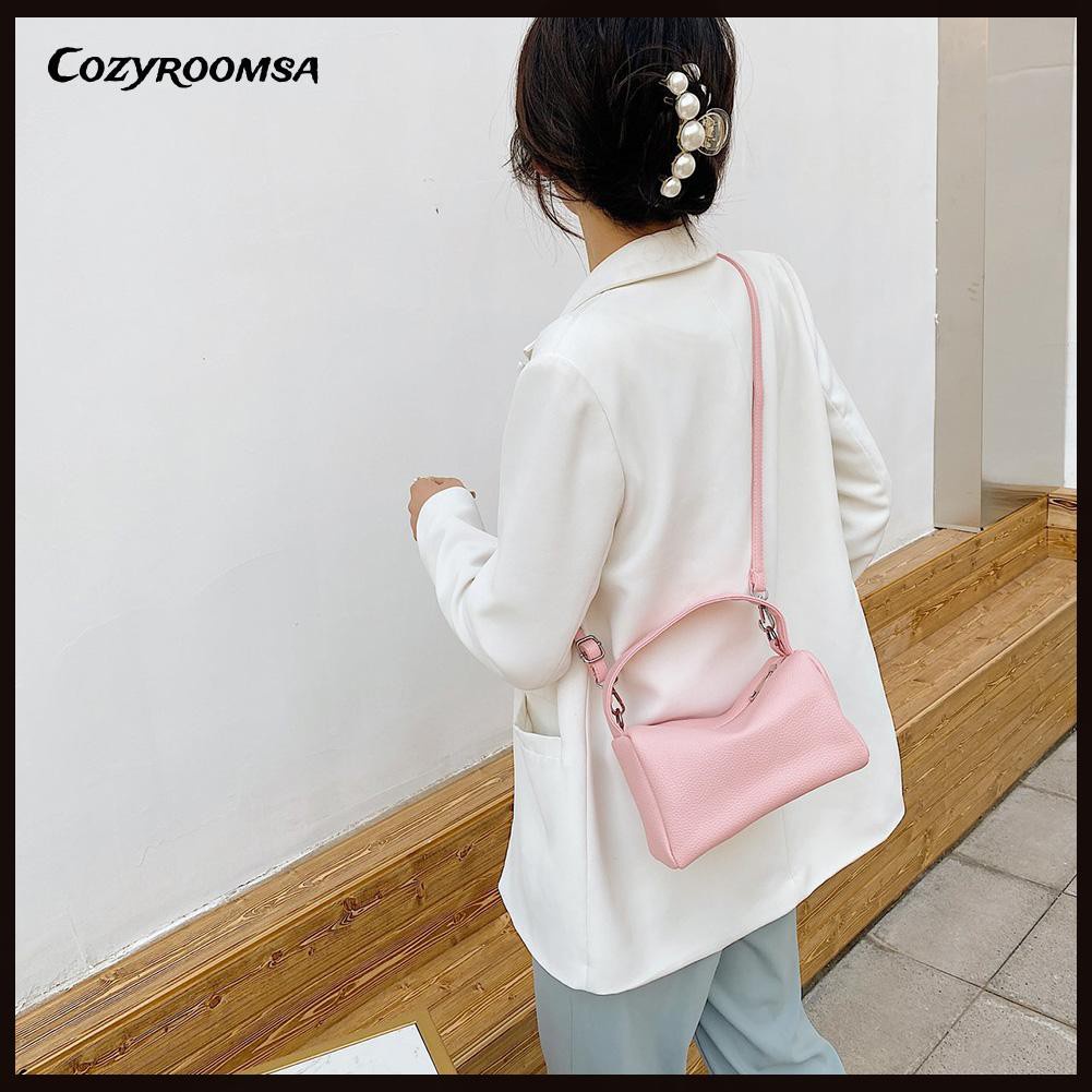 Women PU Pure Color Lychee Pattern Shoulder Bag Vintage Top-handle Handbags