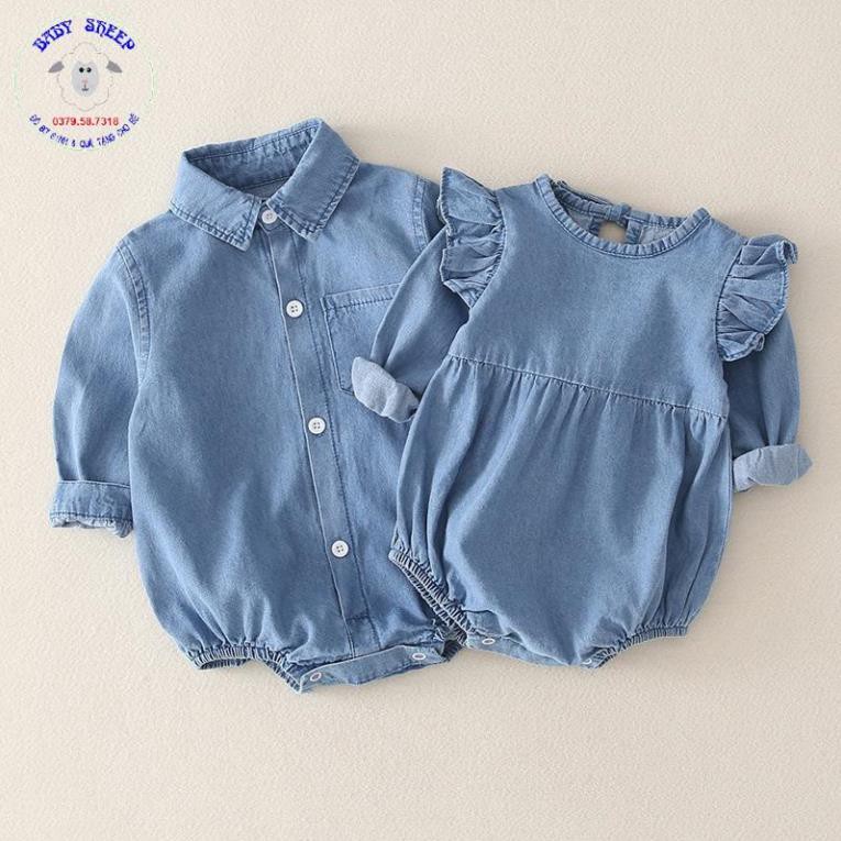 Set jumpsuit tay dài chất liệu denim màu trơn cho bé 0-18 tháng tuổi