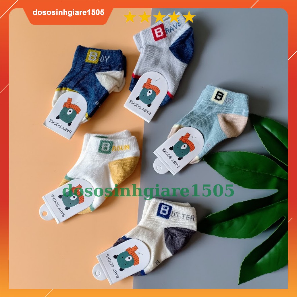 Set 5 đôi vớ cotton màu mẫu chữ B size 0-12 tháng/ Tất sơ sinh em bé mềm mịn