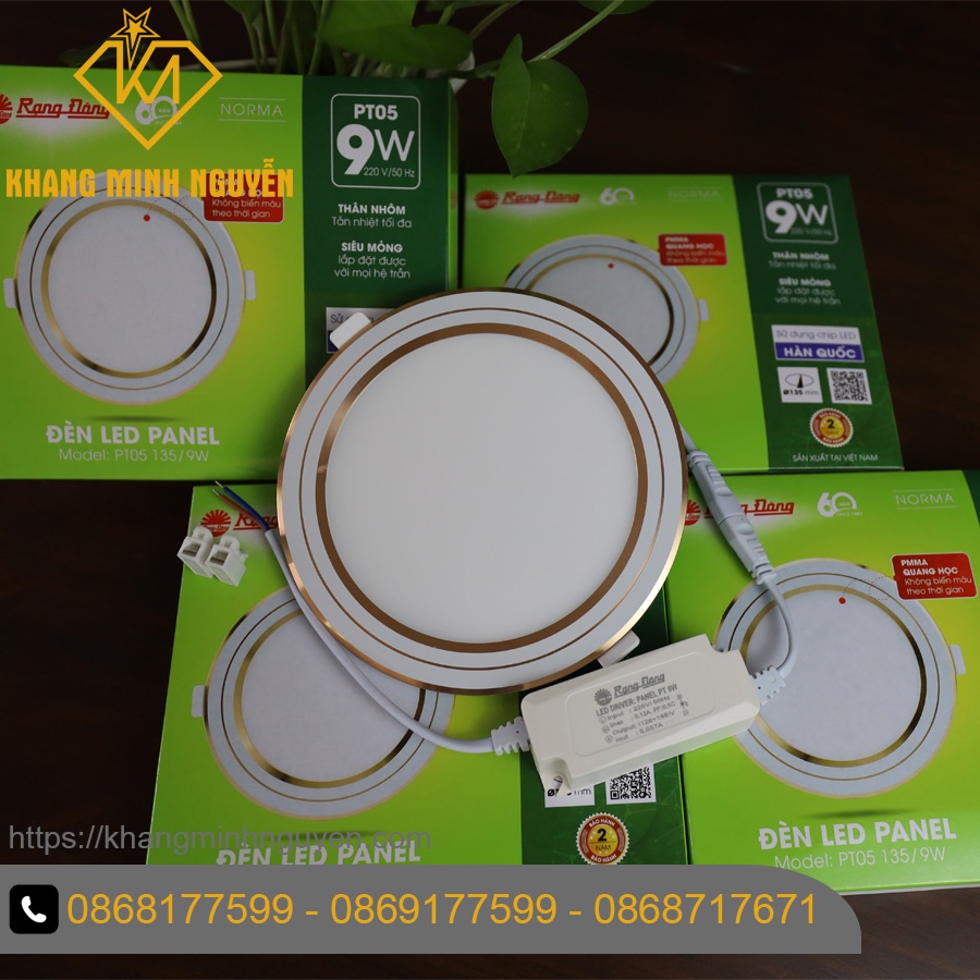 Đèn LED Panel âm trần (Downlight) RẠNG ĐÔNG PT05 135/9W-Gold viền vàng gold có 2 màu trắng 6500K và vàng 3000K