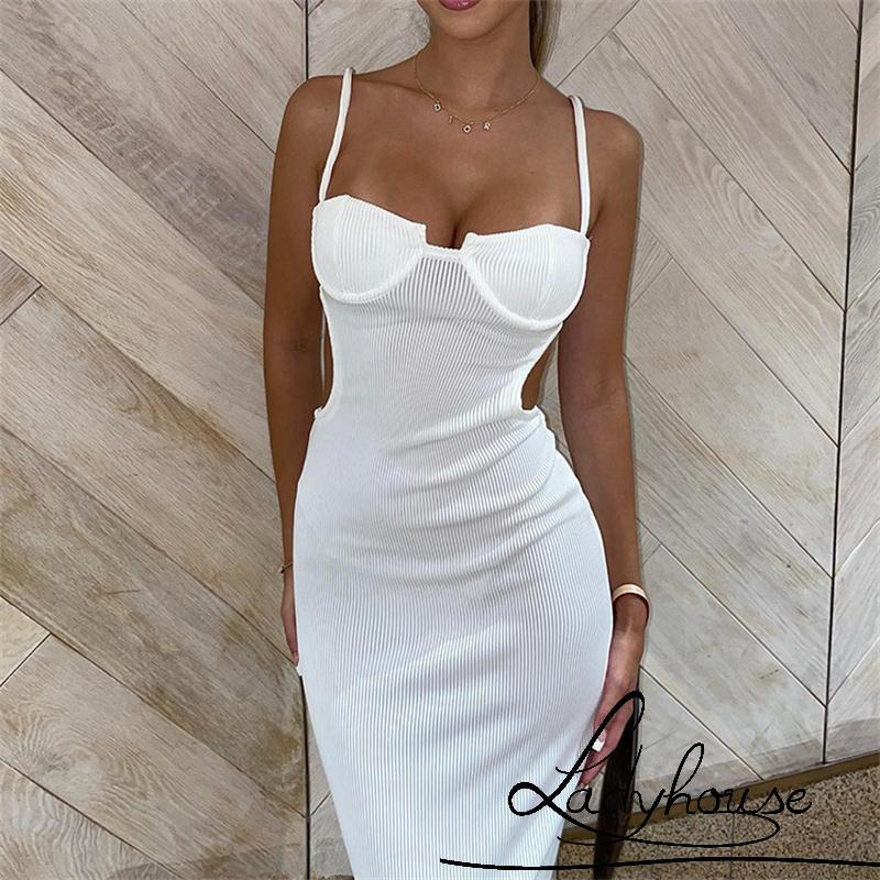 LD-Women Party Dress, Solid Color Hollow-Out Spaghetti Strap Sleeveless Bodycon One-Piece for Ladies, S/M/L