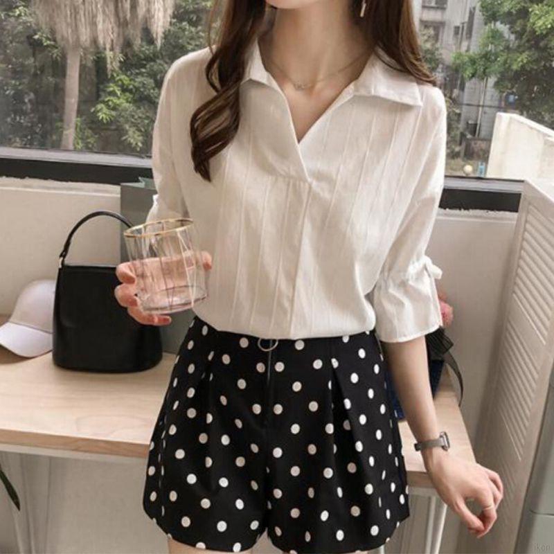 Áo sơ mi tay lỡ cổ chữ V hoạ tiết kẻ sọc thiết kế hợp thời trang sơmi nữ