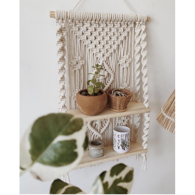 Kệ gỗ treo  2 tầng treo tươngf kết hợp macrame trang trí nhà cửa.  kích thước: 40x70x15cm