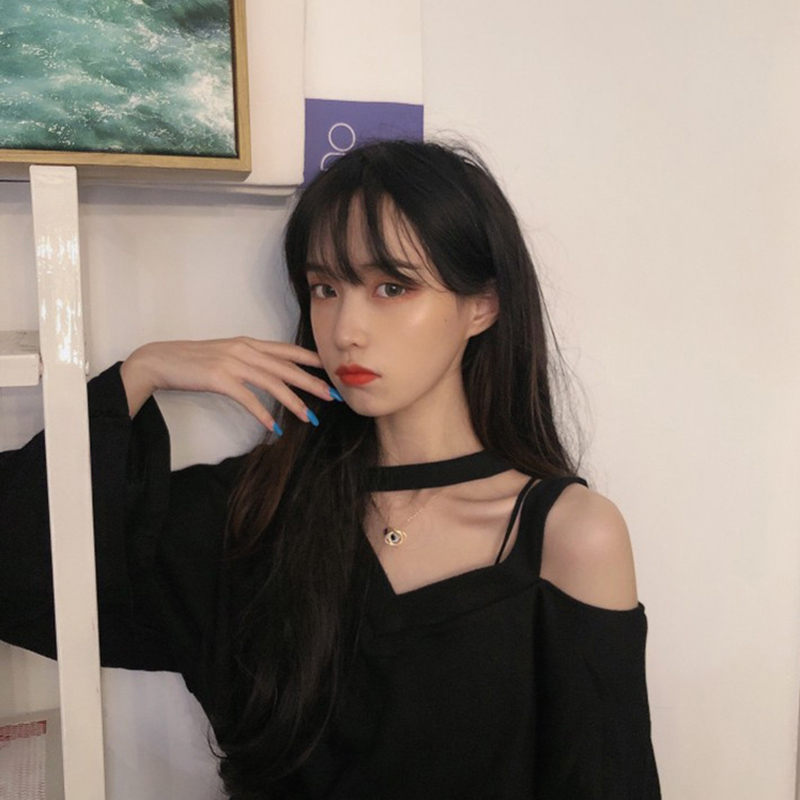 IELGY Áo Thun Tay Dài Hở Vai Cổ Chữ V Màu Sắc Trơn Phong Cách Hàn Quốc Dành Cho Nữ