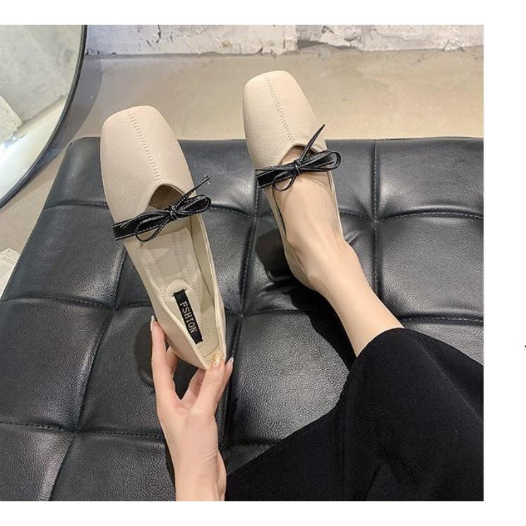 Giày bệt búp bê da mềm mũi vuông đế dẻo phối quai nơ giá rẻ xinh xắn cho nữ - GB42