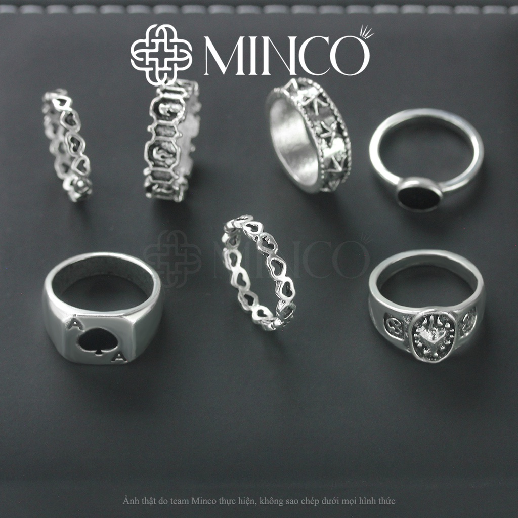 Set 7 Nhẫn nam màu bạc Minco Accessories phong cách Hip hop cá tính Ngầu Đẹp Chất Liệu Titan Không Gỉ NT02