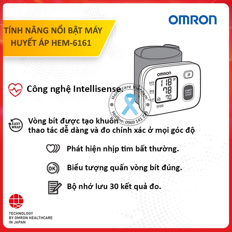 Máy đo huyết áp cổ tay OMRON HEM-6161, bảo hành 5 năm, nhỏ gọn, tiện mang đi, chính xác cao