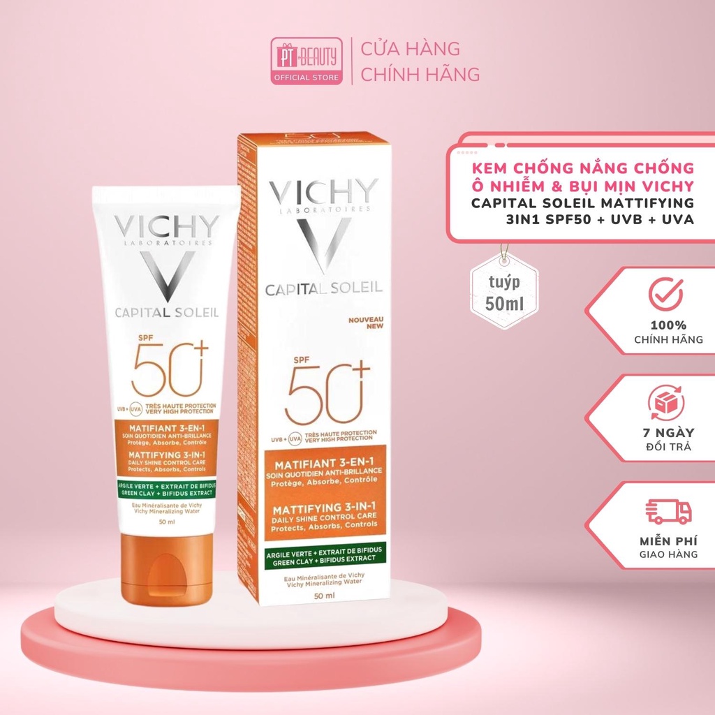 Kem chống nắng chống ô nhiễm và bụi mịn Vichy Capital Soleil Mattifying 3in1 SPF50+ UVB+UVA 50ml