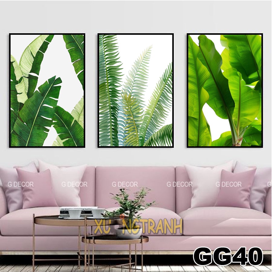 Tranh treo tường canvas 3 bức phong cách Bắc Âu 29, tranh lá trang trí phòng khách, phòng ngủ, phòng ăn, spa, cửa hàng