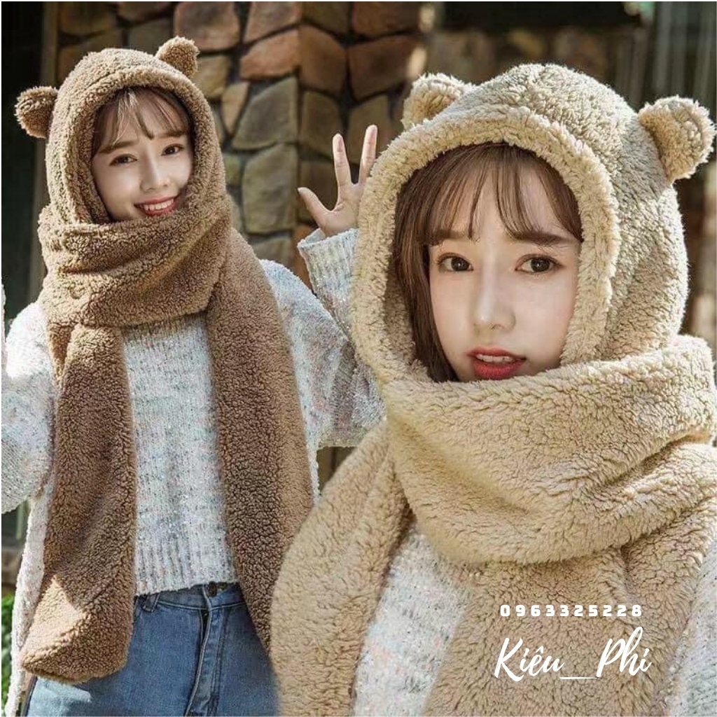 Mũ Lông Cừu, mũ len Tai Gấu trùm đầu Kèm Khăn Choàng Găng Tay Thời Trang Thu Đông Cho Nữ - Kiều Phi