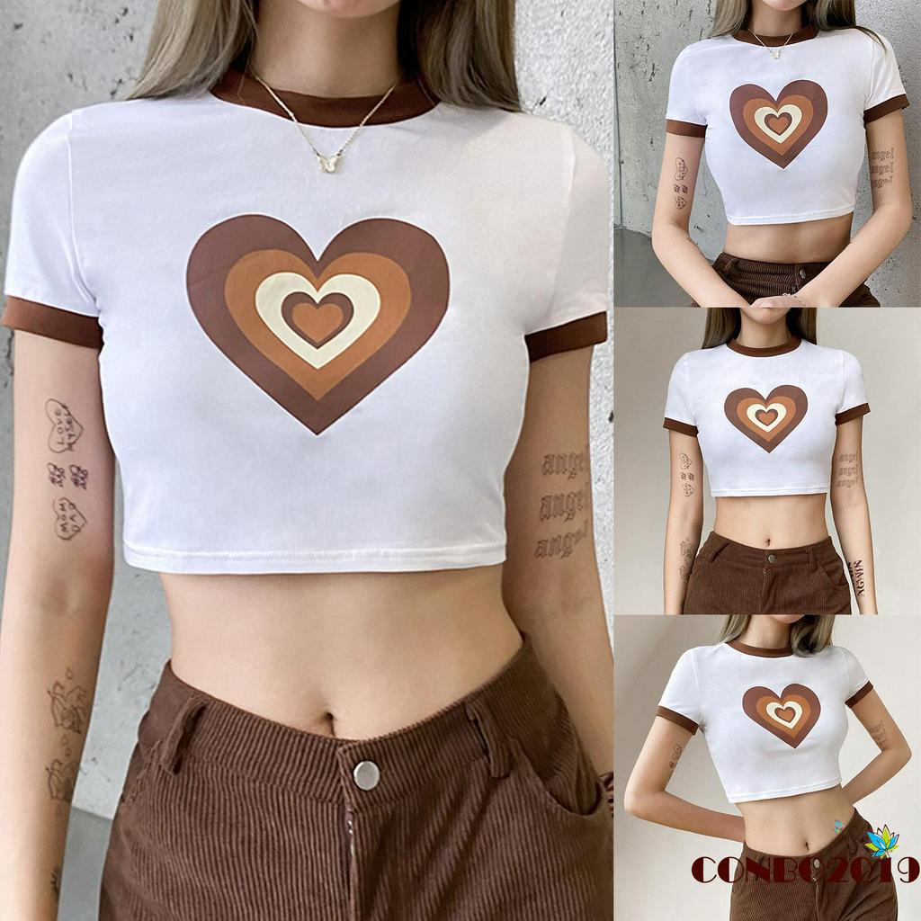 Áo Thun Nữ Ngắn Tay Cổ Tròn In Hình Trái Tim Thời Trang