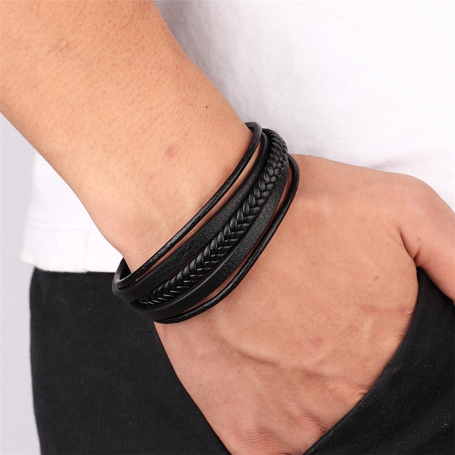 Vòng Tay Leather Nam Nữ Màu Đen Da Cao Cấp - Lắc Tay Da Bện Nhiều Lớp Cá Tính Unisex Thời Trang