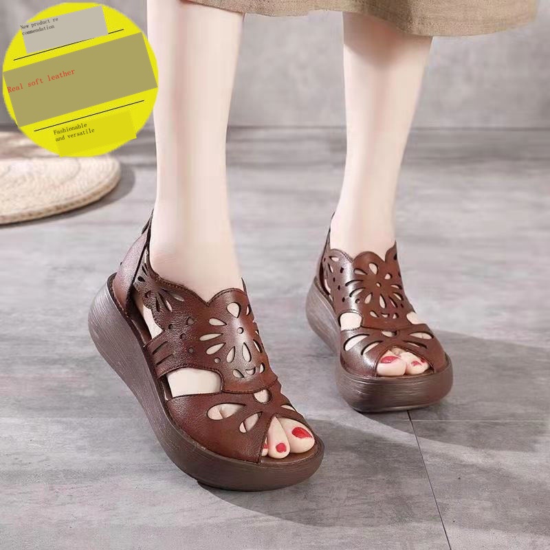 Xăng đan Da Mềm Đế Dày Hở Mũi Thoáng Khí Phong Cách retro Cho Nữ