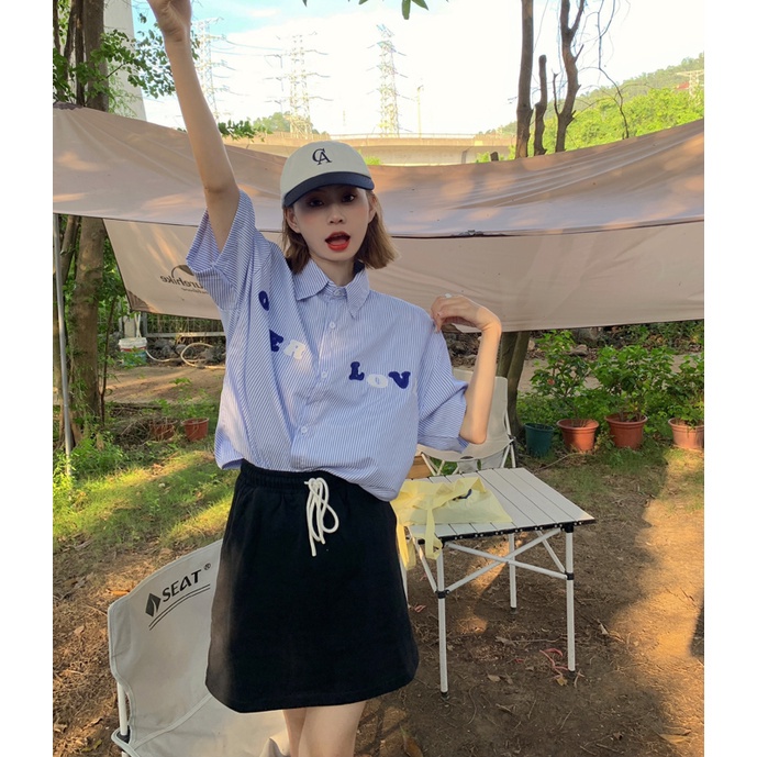 SUXI Áo Sơ Mi Tay Ngắn Dáng Rộng Họa Tiết Kẻ Sọc In Chữ Kiểu Hàn Quốc Thời Trang Mùa Hè Cho Nữ