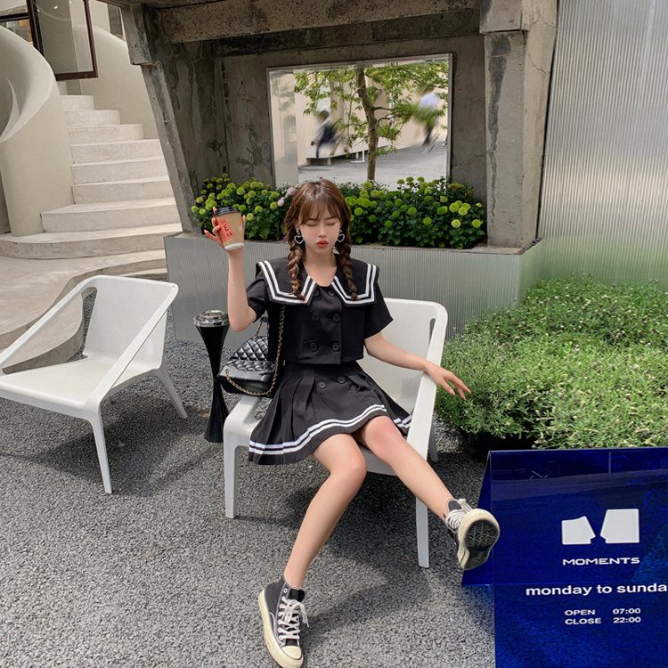 Set Bộ Áo Croptop Chân Váy Xếp Ly Thủy Thủ 2 Màu - SET ÁO THUỶ THỦ Cúc Cài MIX CHÂN VÁY PHA VIỀN Khóa Kéo