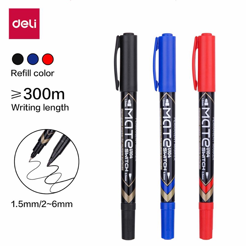 Bút lông dầu dạ kính- Hai đầu đánh dấu không xóa được Deli - Xanh/Đen/Đỏ - Cao cấp - EU10420/EU10430/EU10440
