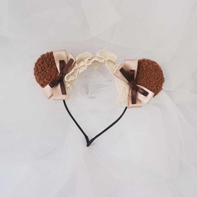 Cài tóc hình tai gấu phối ren đính nơ phong cách lolita cho nữ