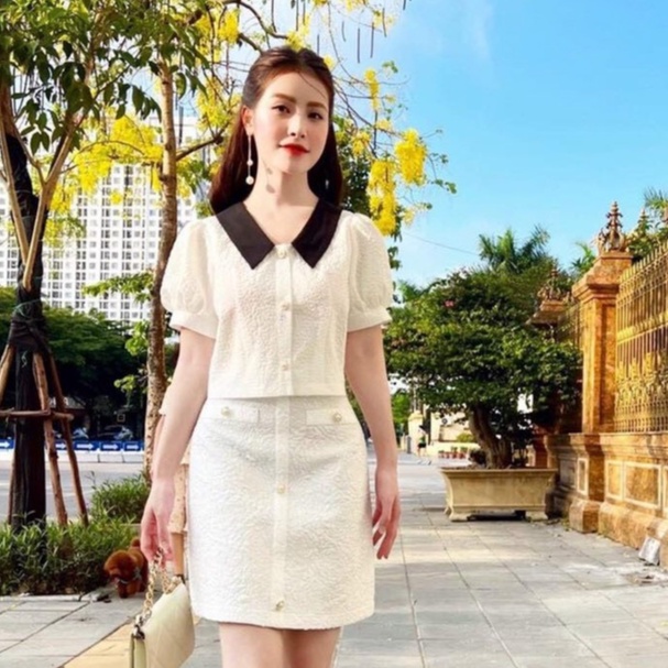 Sét Đồ Bộ Nữ Chất Xốp Nhật Áo Phối Cổ Viền Đen ( Cài Nút Thật ) & Chân Váy ( Có Lót Trong ) Thời Trang Kiểu Cách Đi Chơi