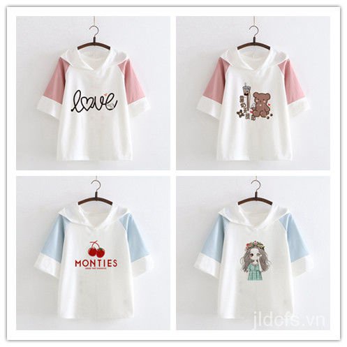 Áo Hoodie Tay Ngắn Chất Liệu Cotton Mềm Mại In Họa Tiết Hoạt Hình Nhật Bản Thời Trang Mùa Hè Cho Nữ