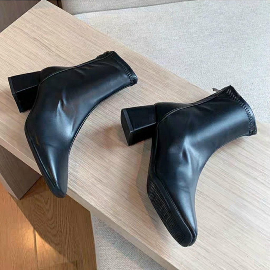 Boots nữ da lì cổ ngắn phối sọc trơn đơn giản cao gót 5 phân | BigBuy360 - bigbuy360.vn
