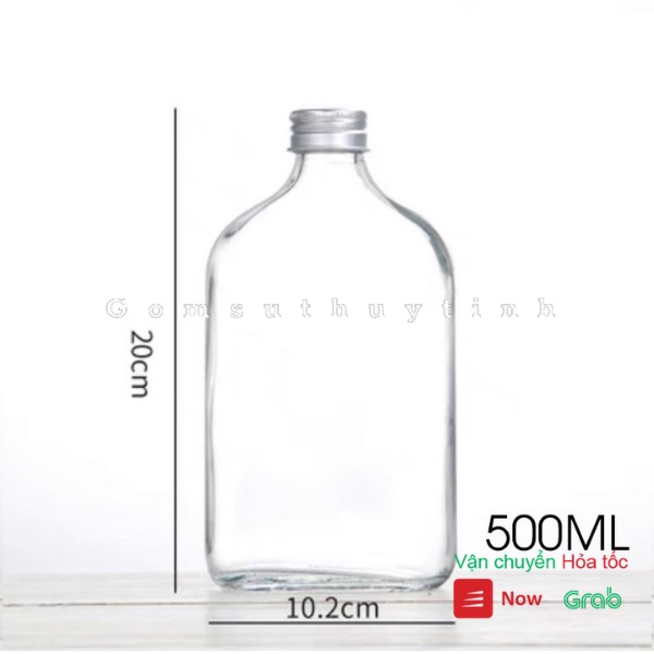 Chai thủy tinh/ Binh thủy tinh dẹt cổ cao nắp thiếc 500ml đựng coldbrew, coffee