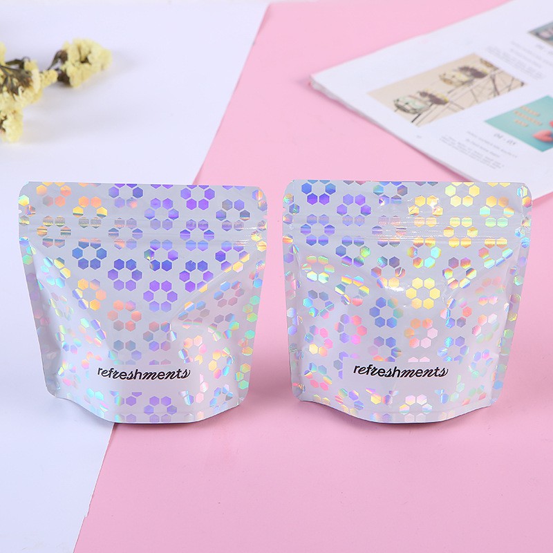 100 Pcs glossy Colorful print luxuary gift bag stand up Ziplock Bag EVA/PE compound For present cosmetics watch jewelry storage