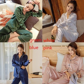 Bộ đồ ngủ áo tay dài quần dài lụa salin cho  nữ  