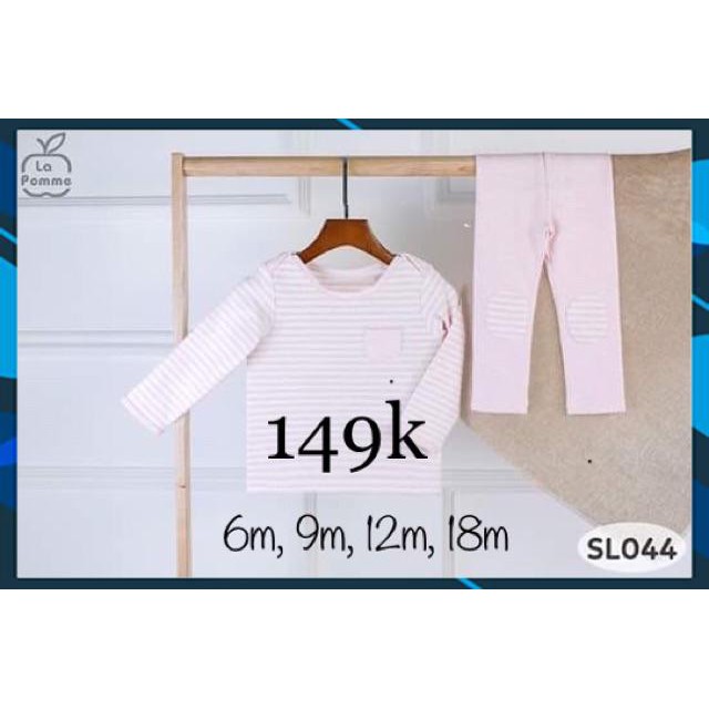 [Sale 149k] SL044 - Bộ quần áo trẻ em dài tay kẻ đáp gối chất liệu cotton La pomme hai màu xanh, hồng - size từ 0-4 tuổi