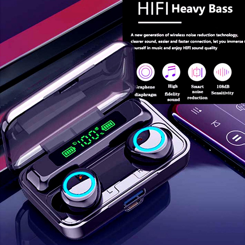 Tai Nghe Nhét Tai Hel + F9-3 Tws Bluetooth 5.1 Mini 9d Âm Thanh Stereo Sống Động