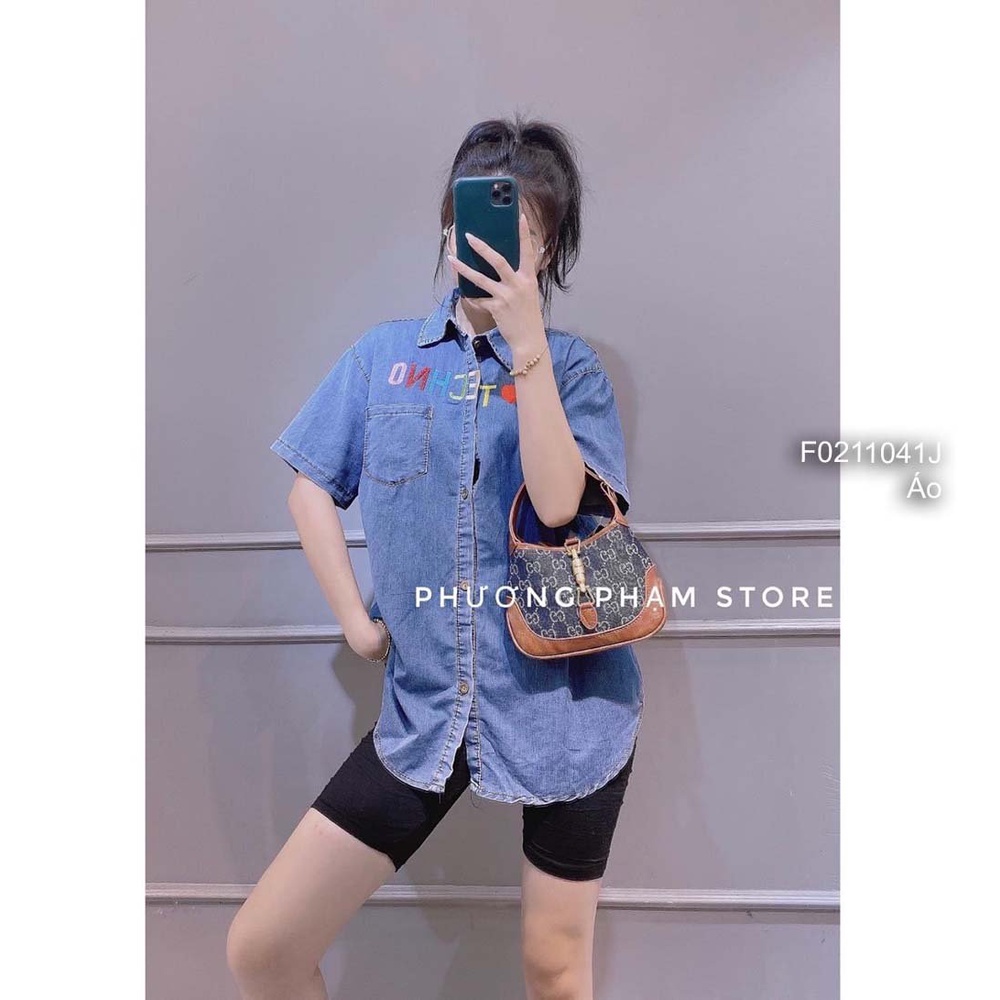 Áo sơ mi jean form rộng một túi thêu chữ ngực tay ngắn!