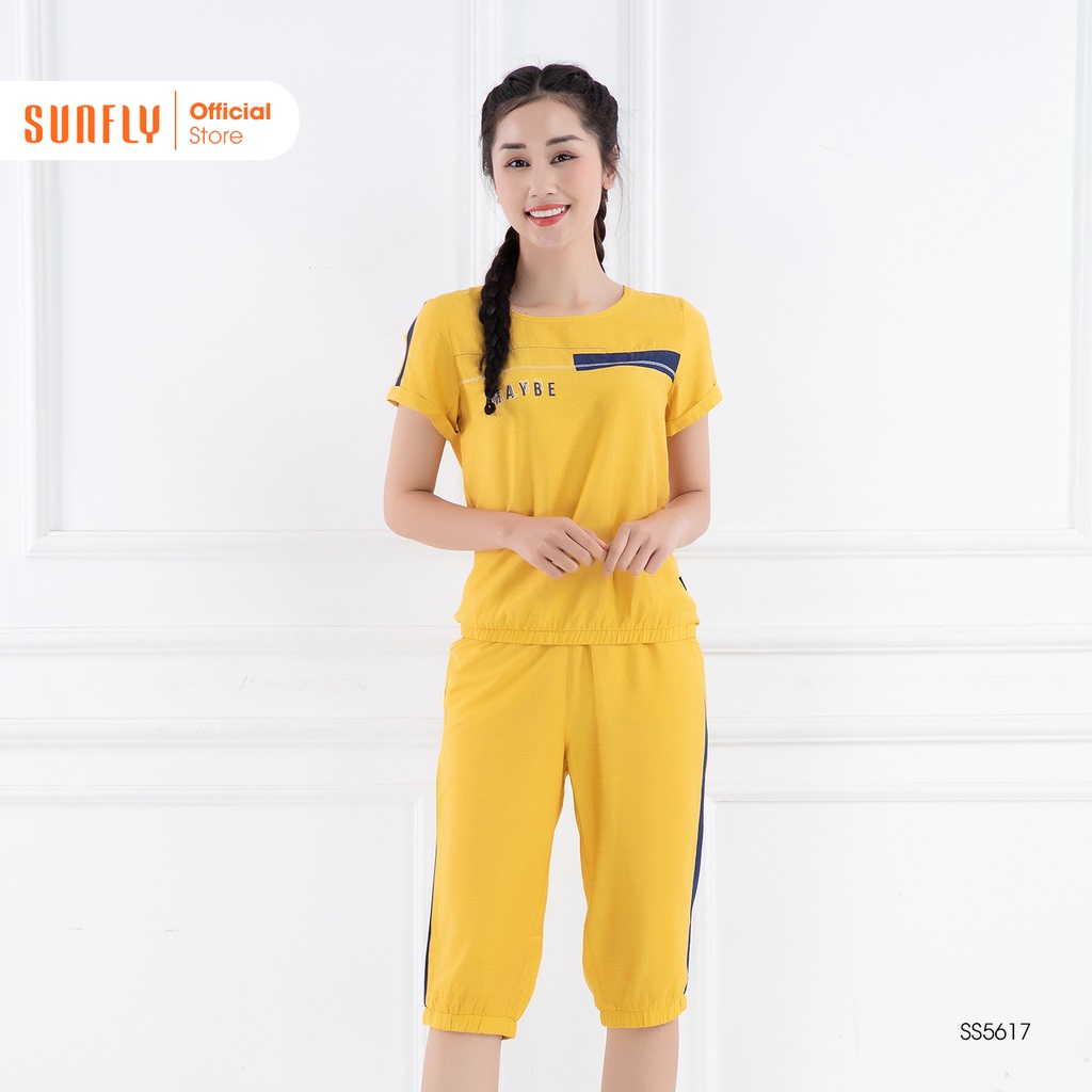 Bộ đồ mặc nhà nữ thể thao linen SUNFLY áo cộc, quần ngố SS5617
