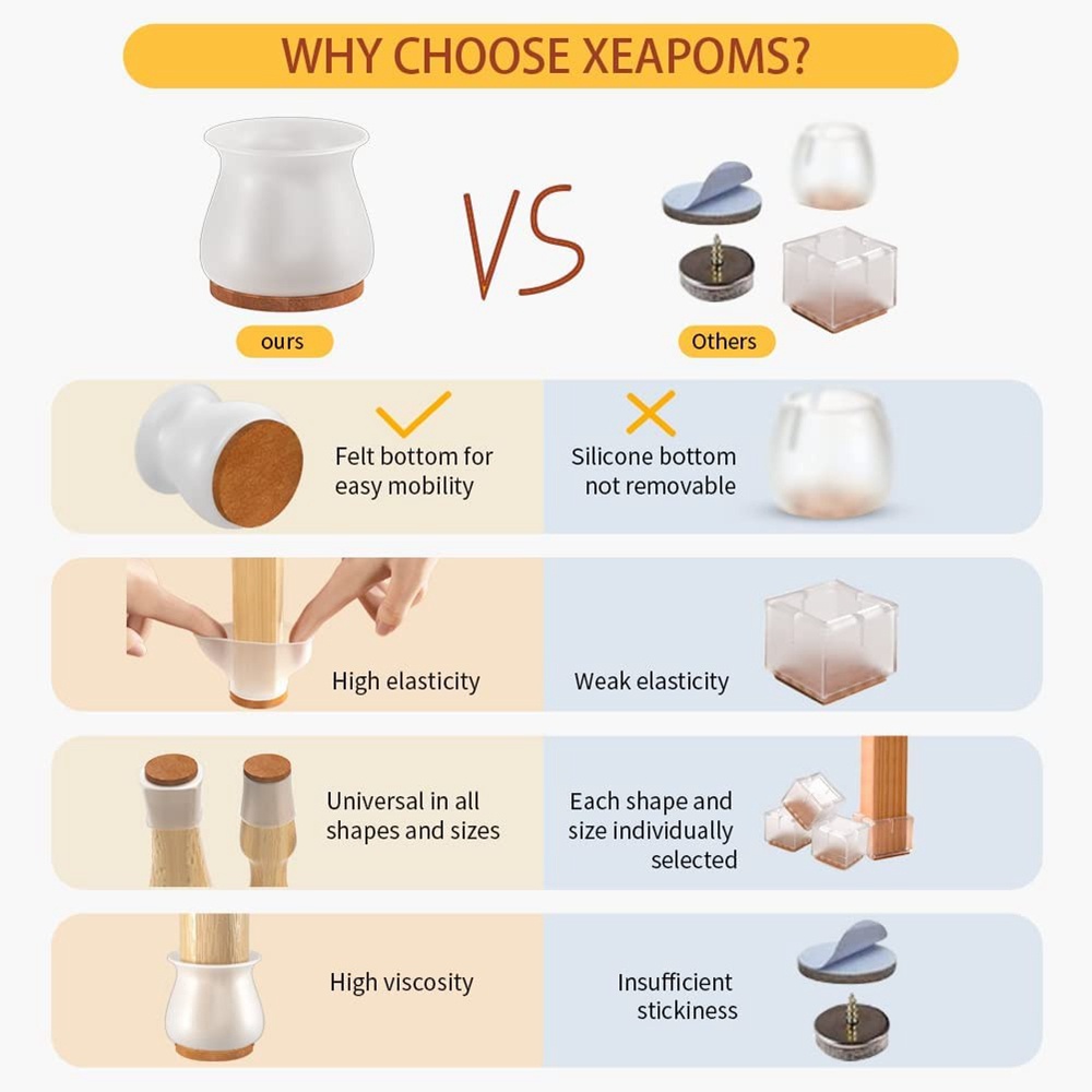 Set 24 Vỏ Bọc Chân Ghế Hình Chữ Nhật Bằng Silicone Chống Trượt Tiện Dụng