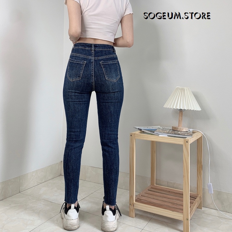 Quần skinny Jean rách gối cá tính co giãn, Quần bò nữ cạp cao tua gấu 693 sogeum.store