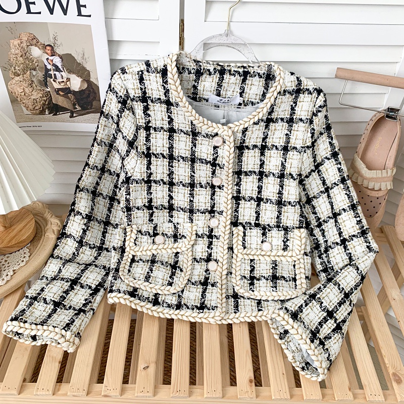 Áo khoác dạ tweed cổ tròn, áo khoác nữ kẻ mùa đông A864