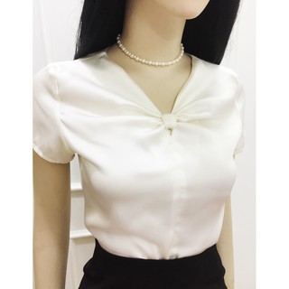 Áo kiểu nữ ngắn tay💖Freeship💖Áo sơ mi nữ màu đỏ cổ V vải lụa mềm mịn
